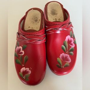 Original one of a kind hand-painted red clogs with flowers and leaves